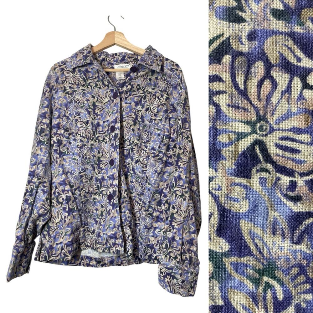 Coldwater Creek Linen Blend Blazer Abstract Floral Purple Size 1X Jacket